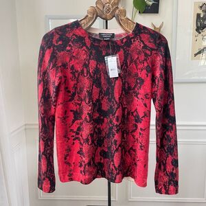NWT Lord & Taylor 100% 2-Ply Cashmere Red Black Snakeskin Crewneck Sweater $200